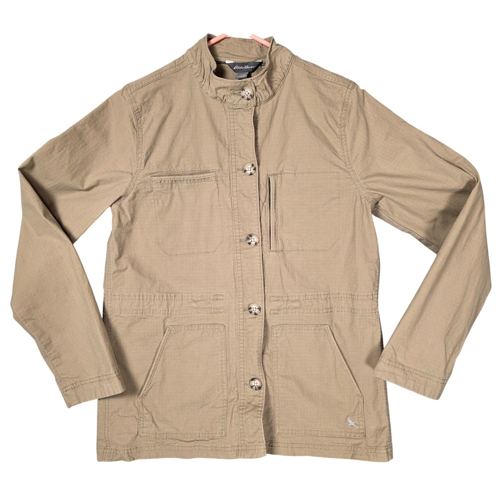 Eddie Bauer Women's M Khaki Utility Jacket Button Front‎ Ruffle Neck Cinch Back